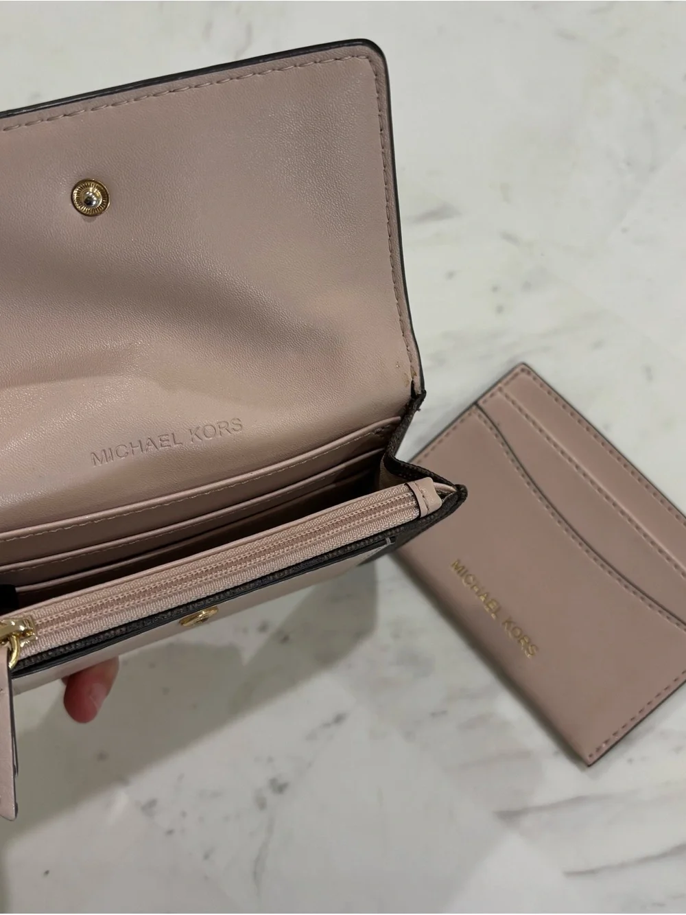 Michael Kors Brown Logo Trifold Wallet with Blush Accent